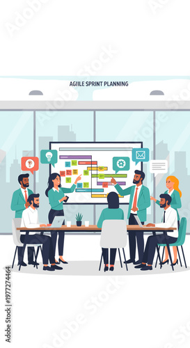 A diverse team of professionals collaborating on agile sprint planning in a modern office meeting room, discussing project tasks and strategy.