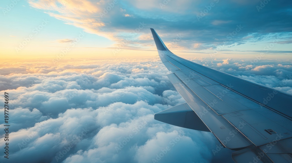 Obraz premium Airplane wing over clouds at sunset. Possible use Travel, vacation, adventure