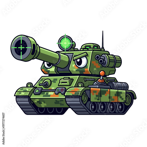 Cartoon Tank with Angry Eyes and Targeting Scope, Camouflage Military Vehicle