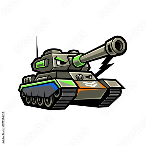 Cartoon Tank with Green Accents and Angry Eyes - Military Vehicle Icon
