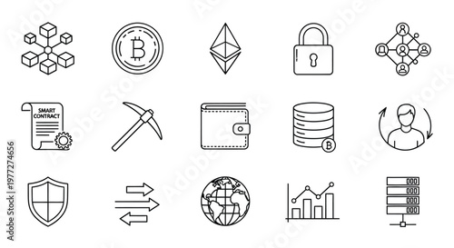 Obraz na płótnie Cryptocurrency and blockchain related icons in a clean white outline silhouette