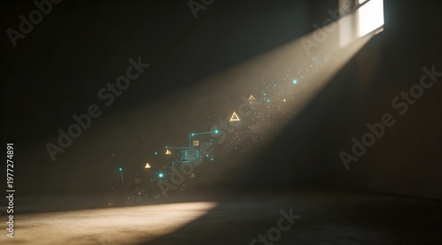 Minimalist Tyndall effect with futuristic neon micro nodes in air