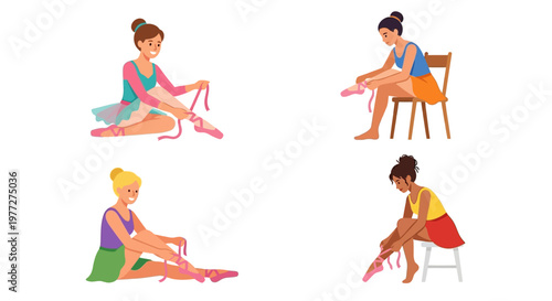 Four ballerinas tying ribbons on their pointe shoes diverse representation