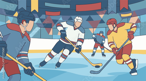 Ice hockey game illustration with players on the rink and puck
