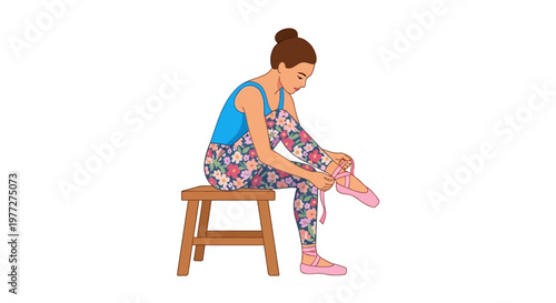 Ballerina tying her ballet shoes while seated on a wooden stool