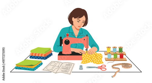 A young woman diligently sewing fabric at a brightly lit workspace