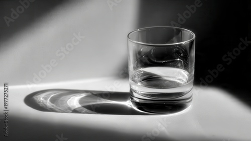 Clear glass tumbler with water and shadow on a minimalist white background