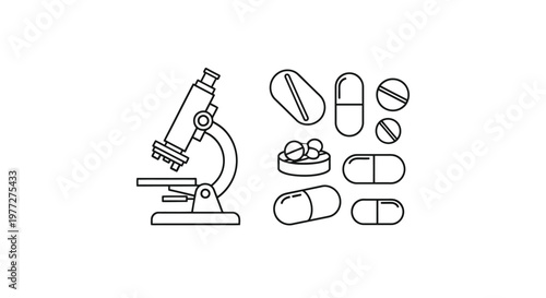 Medical research icons featuring a microscope and pills silhouette