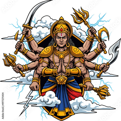 Lord Vishnu Hindu god mascot illustration, powerful multi-armed deity with traditional weapons and thunderbolt vector