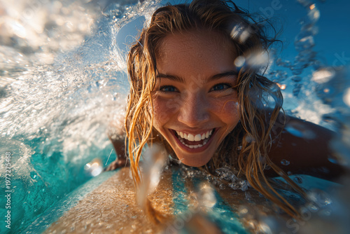 Young woman smiling joyfully in refreshing blue water with sunlight sparkles