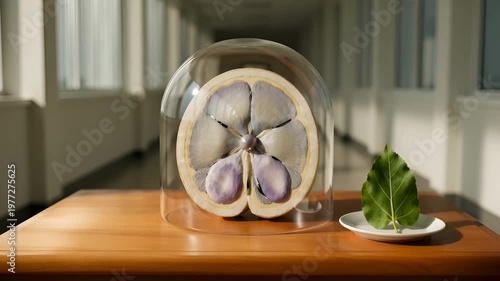 Cross-Section of a Star Fruit Under a Glass Dome With a Leaf on a Plate