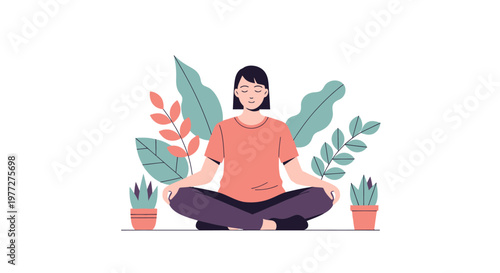 Woman meditating in nature serene illustration with green foliage and plants