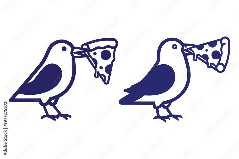 Fototapeta premium Two cartoon birds sharing pizza slices in a whimsical illustration