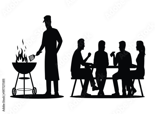 Silhouette of a person grilling with friends sitting at a picnic table vector illustration