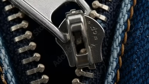 Closeup of Metal Zipper on Denim Fabric.