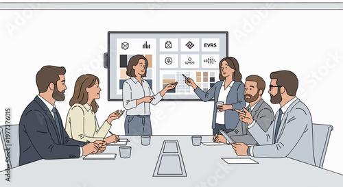 A diverse group of professionals in a modern conference room, actively engaged in a presentation with a large screen displaying various icons and charts.