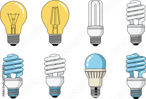 Light Bulb and Energy Saving Lamp Illustration Set with Various Lighting Types for Electricity Power Eco Technology and Illumination Design Collection