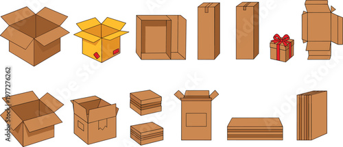 Cardboard Packaging Box Illustration Set with Open Folded and Assembled Carton Designs for Shipping Delivery Storage and Logistics Collection