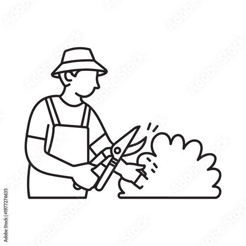 A simple line drawing depicts a gardener trimming a dense leafy bush