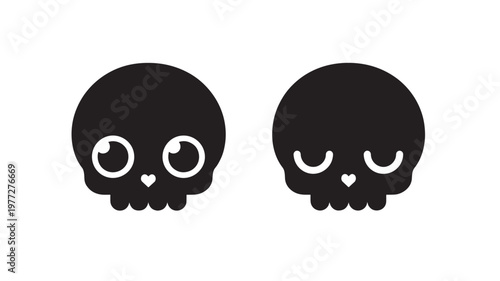 Skulls cute kawaii icons with open and closed eyes and a heart nose on a white background, isolated graphic elements.