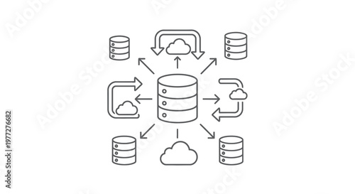 Data synchronization concept with cloud storage outlined illustration silhouette
