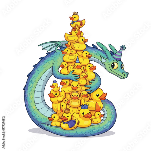 Dragon and Stacked Ducks in Whimsical City Scene