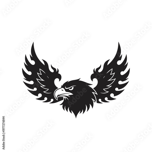 Fierce Eagle Head with Flame Wings Logo in Black Tribal Vector Style Isolated on Light Background