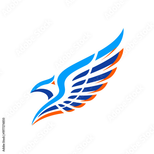 Blue and Orange Flying Bird Logo in Modern Abstract Vector Style Isolated on Light Background
