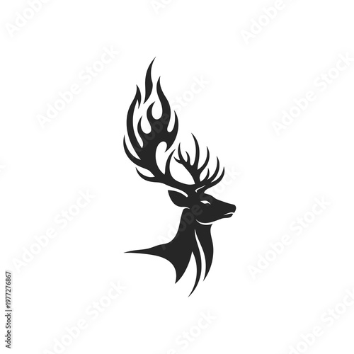 Black Fiery Stag Head Logo in Abstract Tribal Vector Style Isolated on Light Background