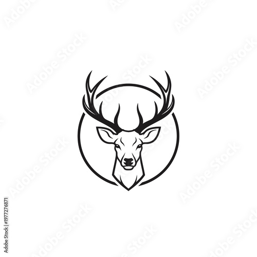 Elegant Deer Head Logo in Black Line Art Circle Badge Vector Style Isolated on Light Background