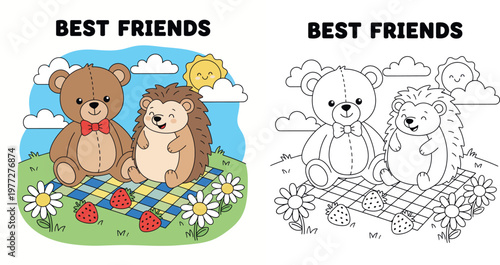Best Friends Picnic - Cute Teddy Bear and Hedgehog Enjoying Strawberries on a Blanket