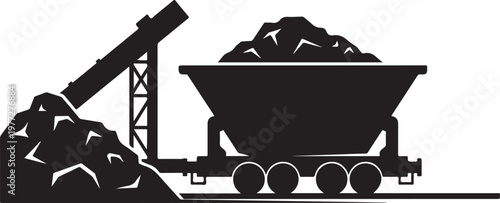 Industrial coal mining, black silhouette, mining cart, heavy industry, construction