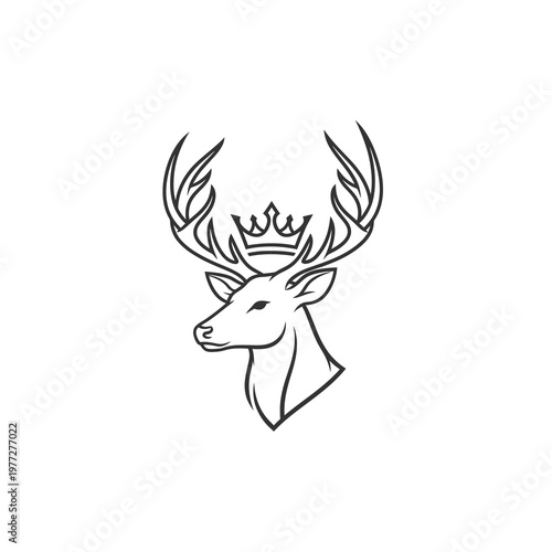 Crowned Deer Head Logo in Elegant Black Line Art Vector Style Isolated on Light Background