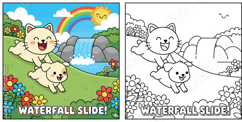 Cute Cartoon Cat and Dog Playing by a Waterfall - Happy Pets on a Sunny Day with Rainbow