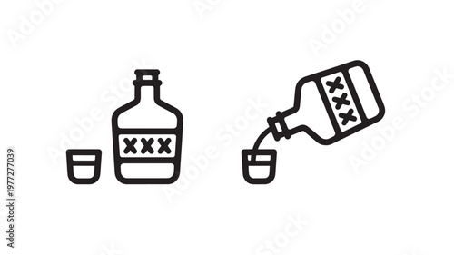 Bottles and shot glasses with triple X markings, indicating alcoholic beverages being poured. featuring alcohol, liquor, spirits with bottle and pour