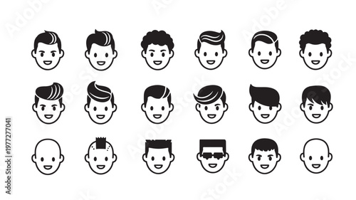 Faces icons set with diverse male hairstyles and expressions, including clean shaved, mohawk, and sunglasses