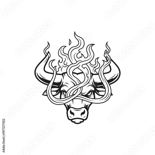 Fierce Bull Head with Flames and Tentacles in Black Tribal Vector Logo Style Isolated on Light Background