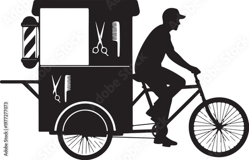 Mobile barber shop, bicycle cart, black silhouette, vector icon, barber tools