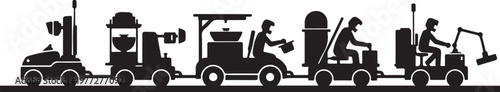 Construction vehicles, industrial machines, heavy equipment icons, silhouette illustrations
