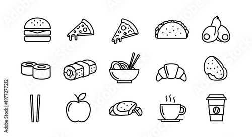 Various fast food and beverage items in linear design silhouette