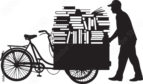 Book delivery, bicycle cart, silhouette illustration, black and white, 1 vector