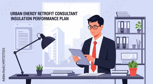 Businessman working at office desk with documents.