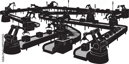 Industrial robotic arms, factory automation equipment, manufacturing machinery, robotic assembly line