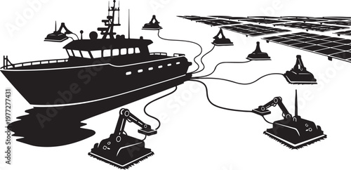 Black, vector fishing boat, solar panels, buoys, industrial sea farm, offshore energy, renewable power