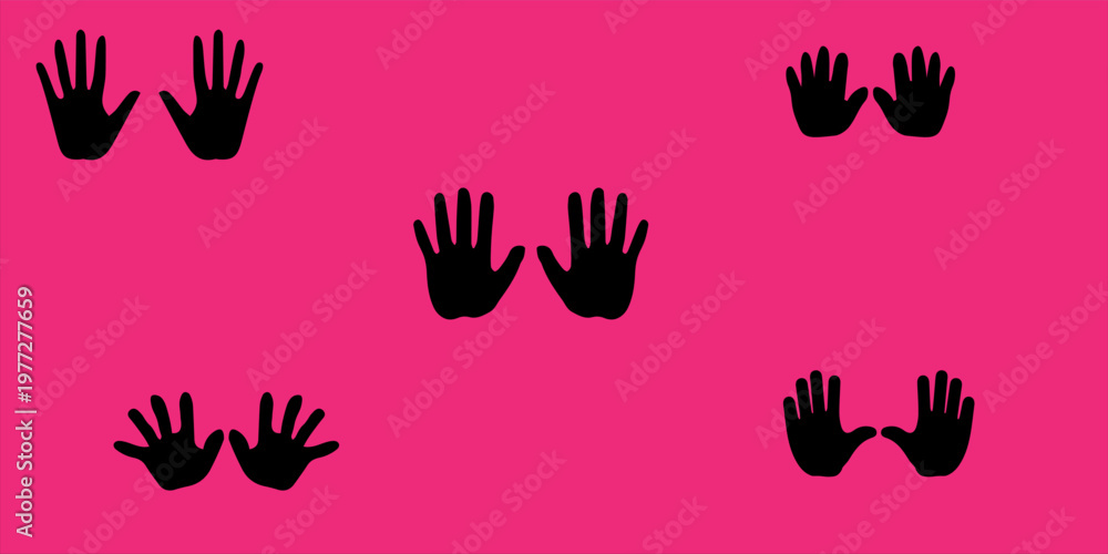 Fototapeta premium Black handprint silhouettes on a vibrant pink background.