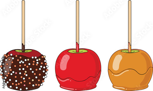 Candy Apple Illustration Set with Caramel and Chocolate Coated Variations for Sweet Dessert Snack and Festive Treat Design Collection