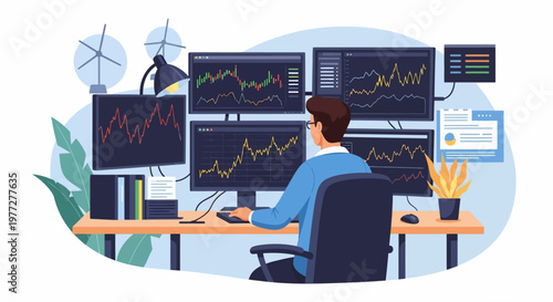 Man analyzing stock market data on multiple screens.
