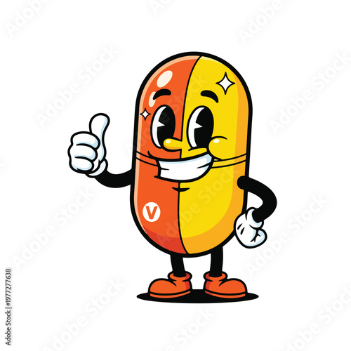 Cheerful two tone capsule mascot giving thumbs up