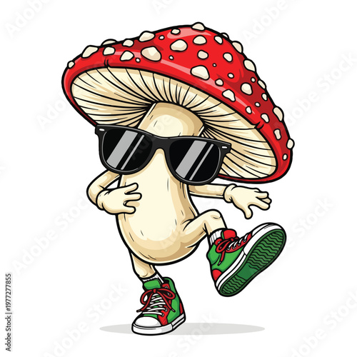 Mushroom Character Wearing Sunglasses and Sneakers in Playful Pose