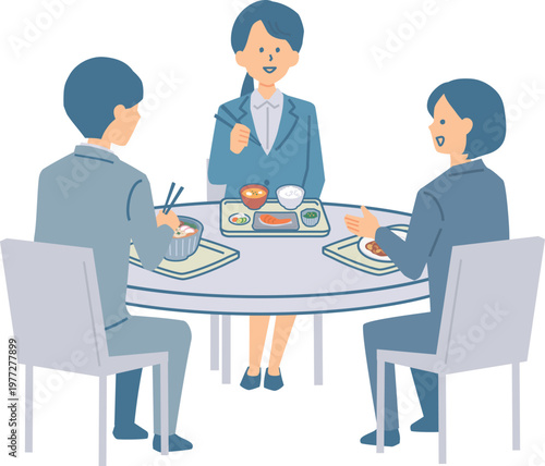 同僚とランチを食べる会社員のイラスト